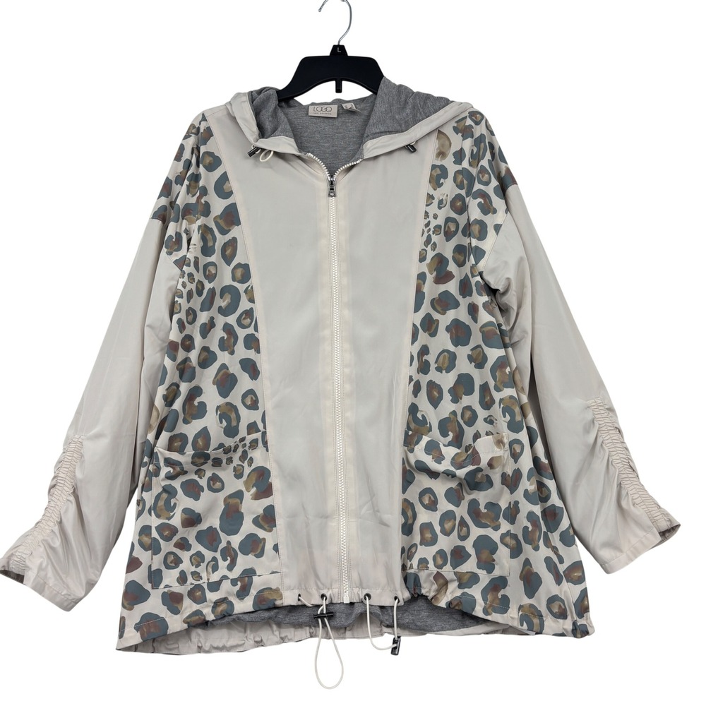LOGO Lori Goldstein Windbreaker Jacket Size S Beige Gray Leopard Pring Ruched